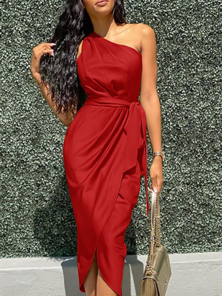 Satin One Shoulder Ruched Bodycon Dress