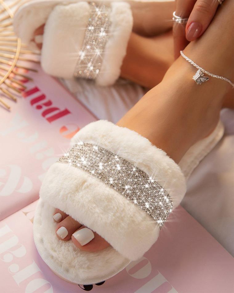 Rhinestone Fluff Flat Slippers