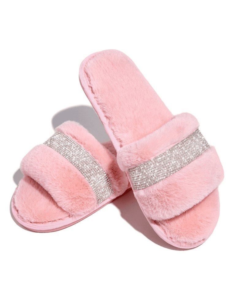 Rhinestone Fluff Flat Slippers