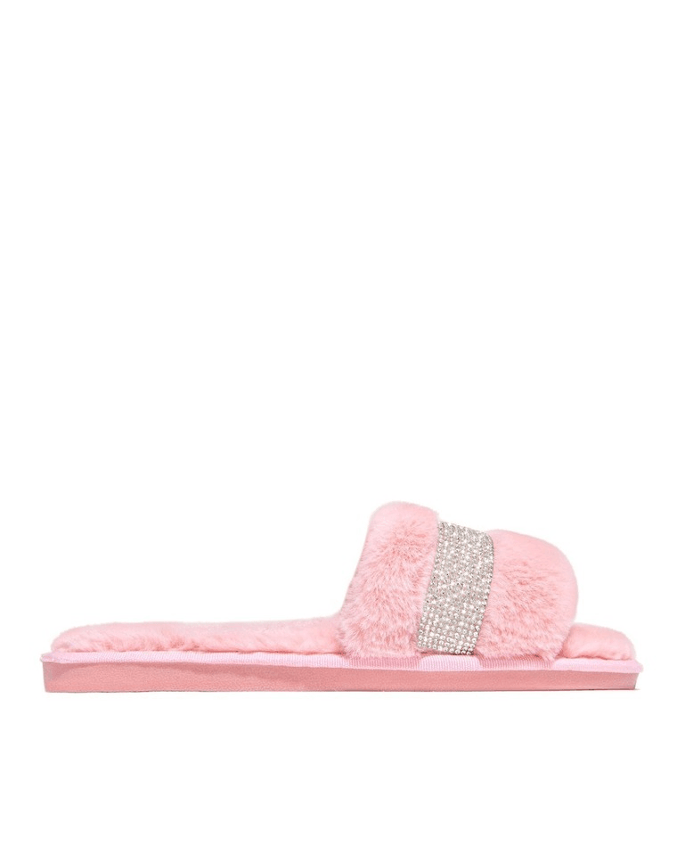 Rhinestone Fluff Flat Slippers
