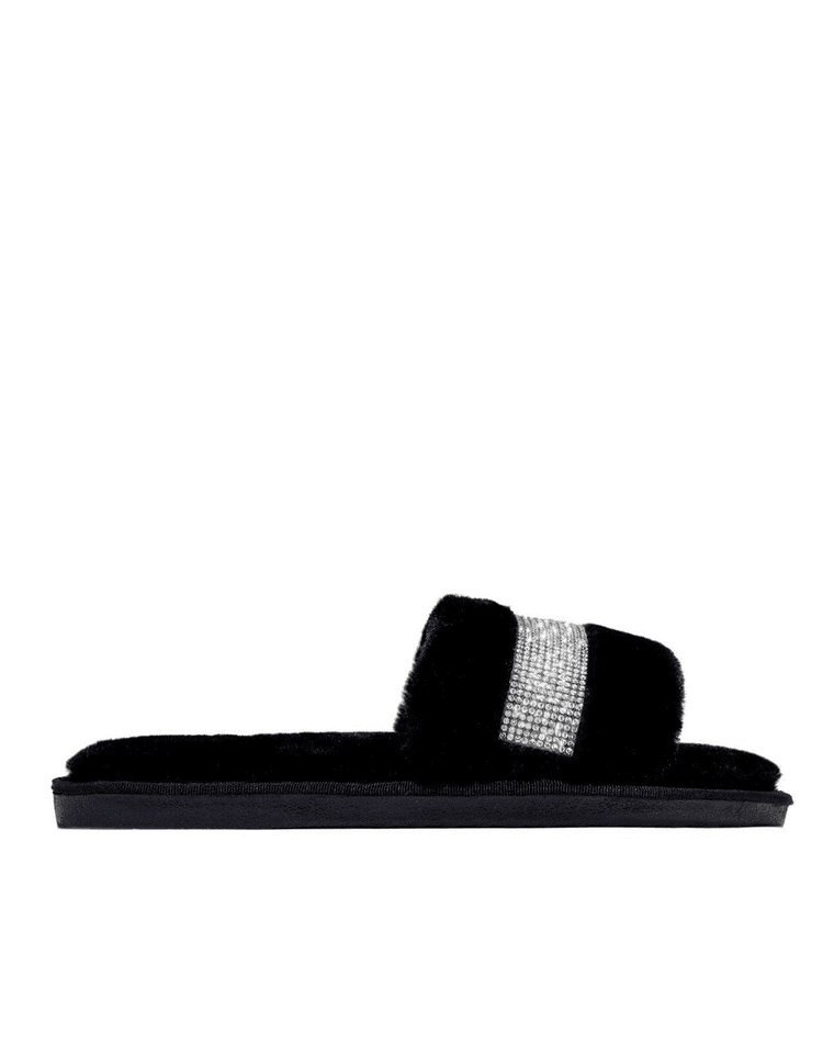 Rhinestone Fluff Flat Slippers