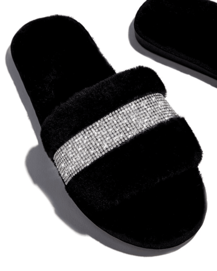 Rhinestone Fluff Flat Slippers