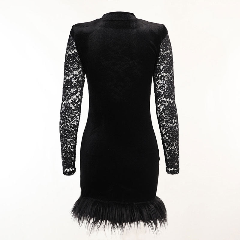 High Neck Long Sleeve Floral Lace Panel Trim Mini Dress - Black
