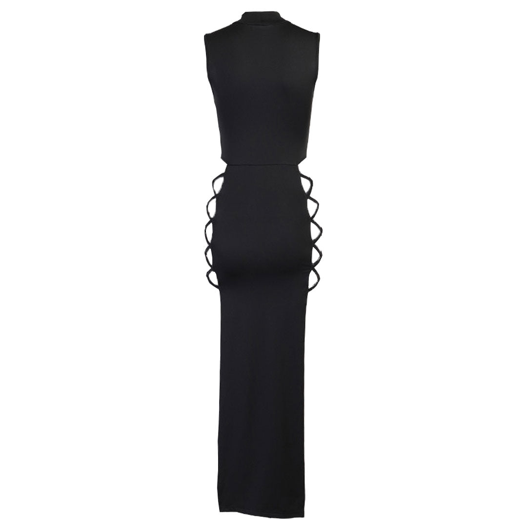 High Neck Sleeveless High Slit Cut Out Maxi Dress - Black