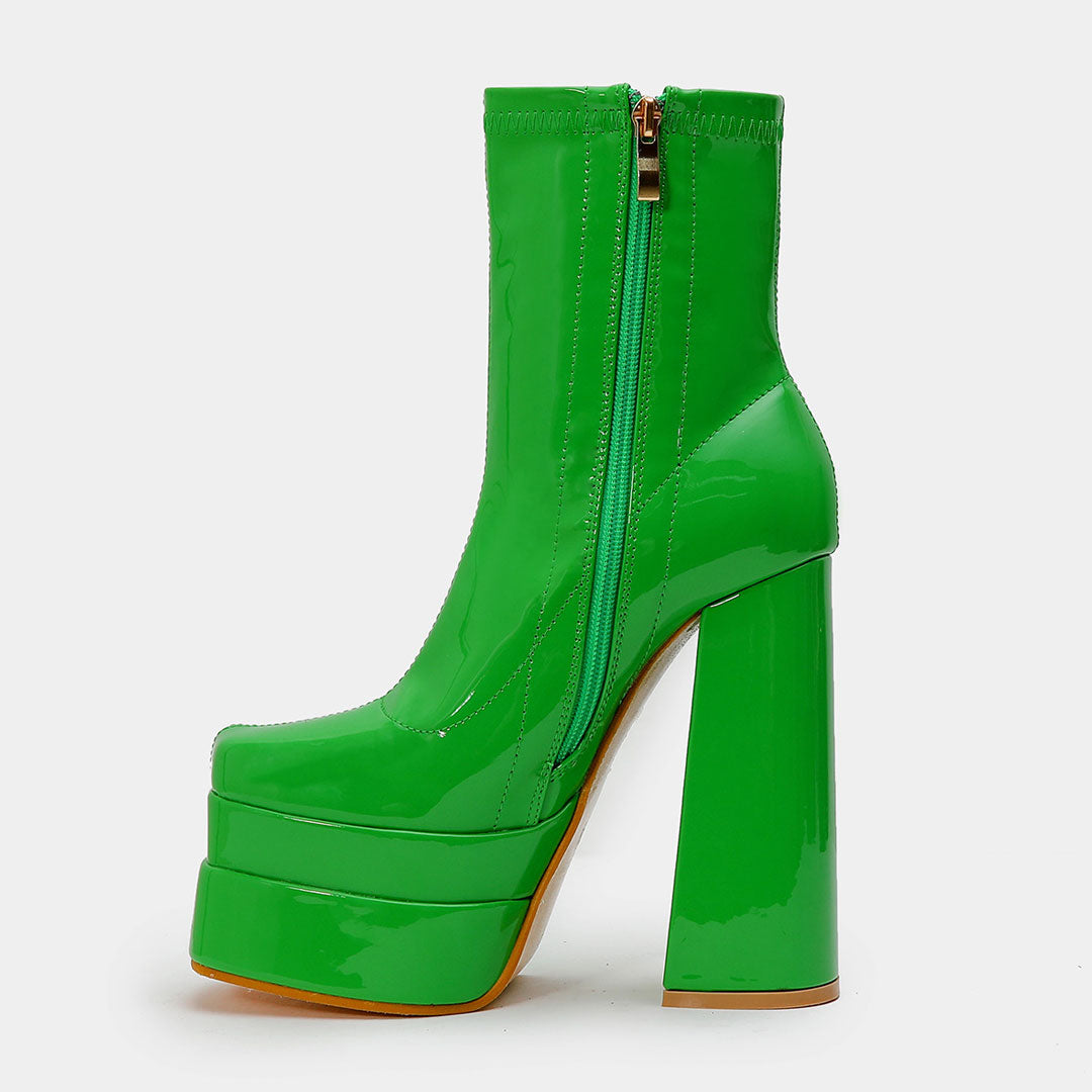 Solid Color Patent Chunky High Heel Platform Ankle Boots - Green