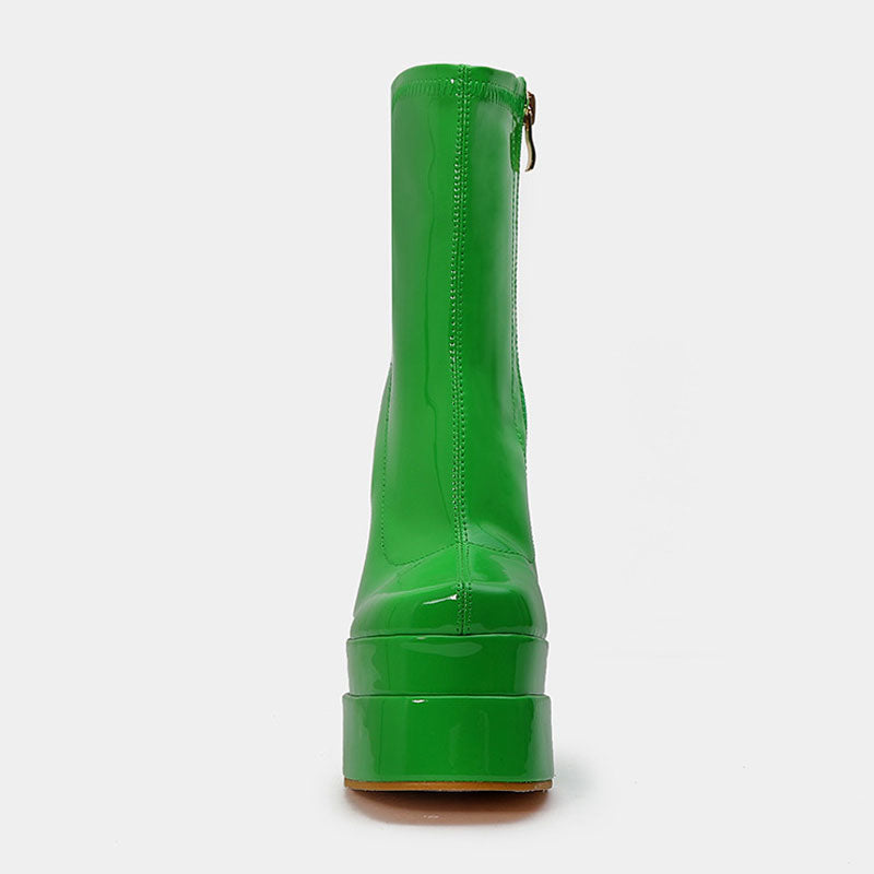 Solid Color Patent Chunky High Heel Platform Ankle Boots - Green