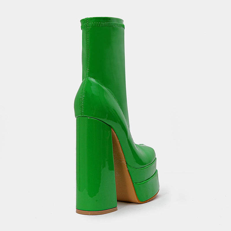 Solid Color Patent Chunky High Heel Platform Ankle Boots - Green