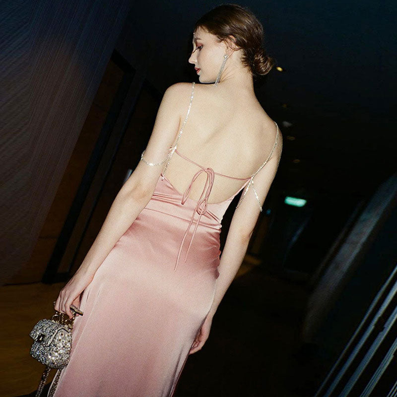 Sparkly Rhinestone Trim Cowl Neck High Split Maxi Dress - Pink
