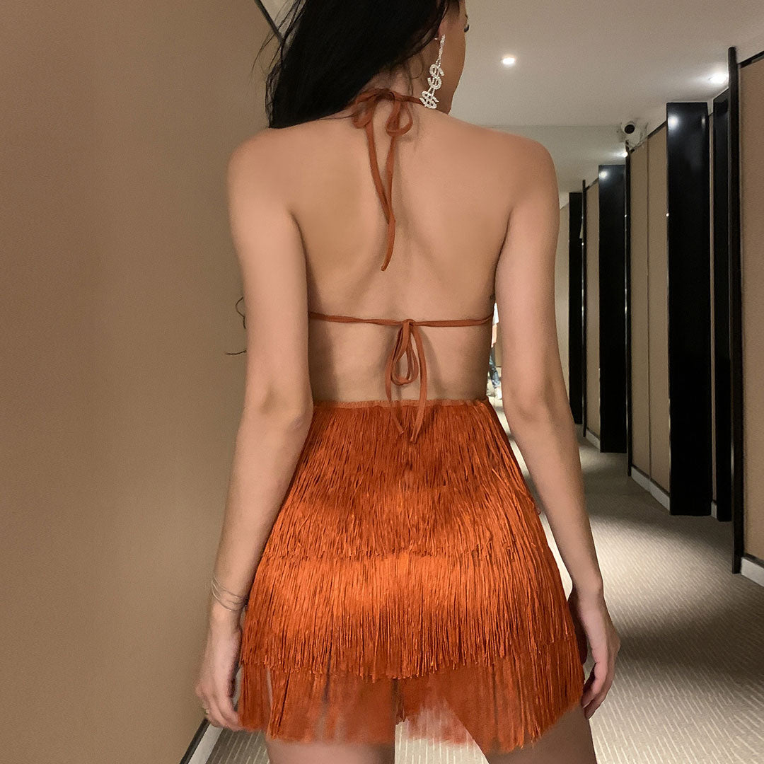 Stunning Fringe Sleeveless Halter Neck Party Romper - Brown