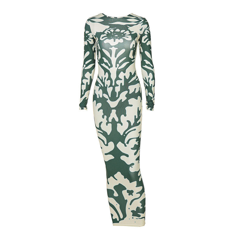 Long Sleeve Camo Print Maxi Dress - Green