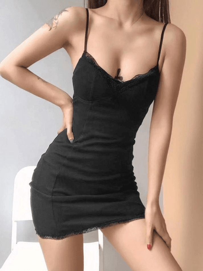 V Neck Lace Trim Bodycon Strap Mini Dress