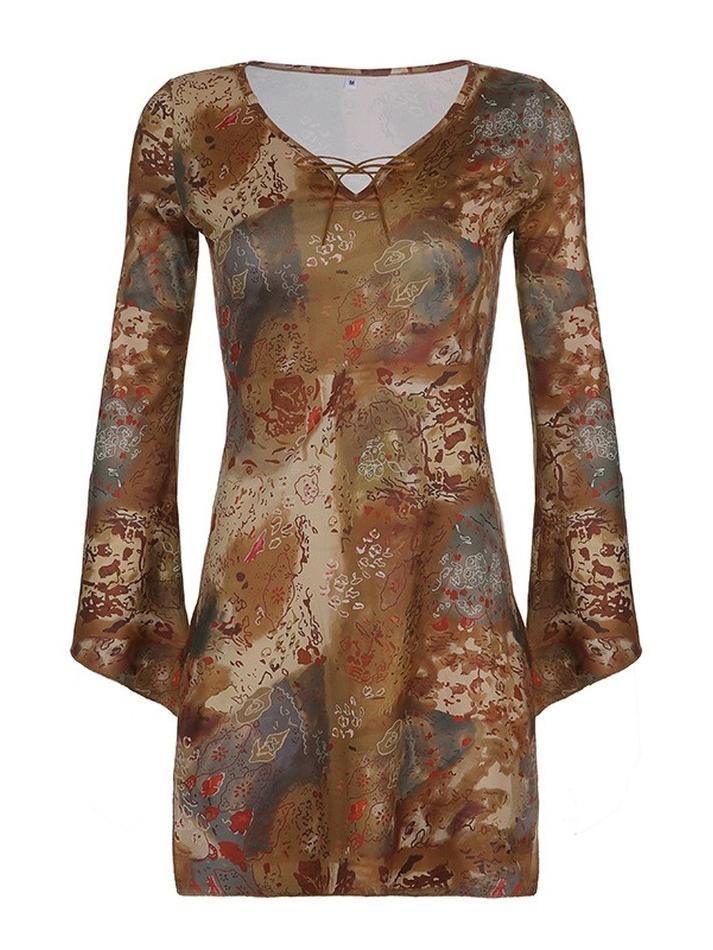 V Neck Split Long Sleeve Mini Dress
