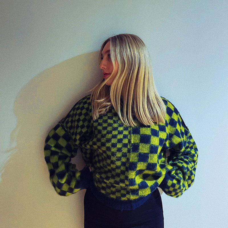 Vintage Long Sleeve Knitted Crop Sweater - Green