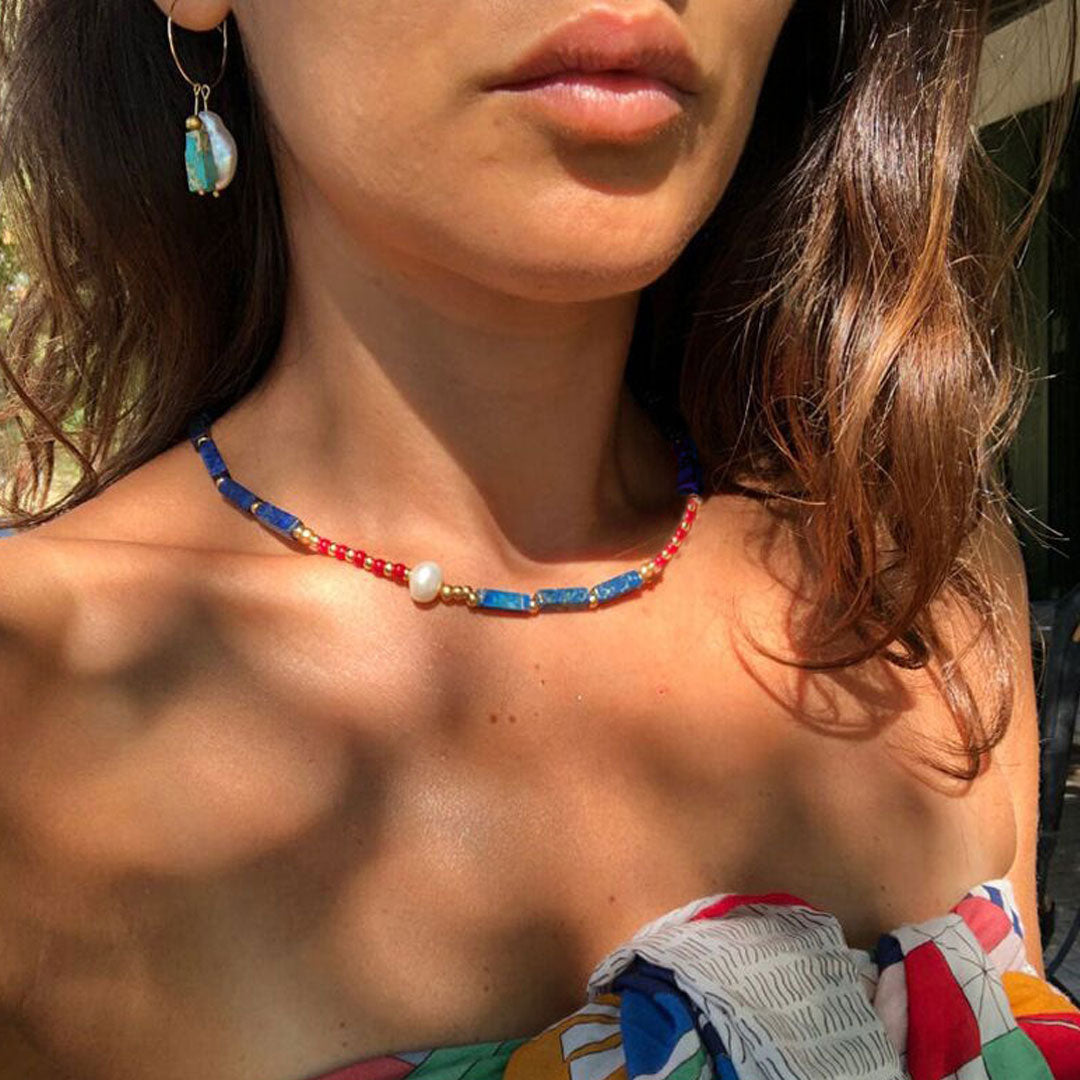 Vintage Baroque Pearl Mixed Beaded Choker Necklace - Klein Blue