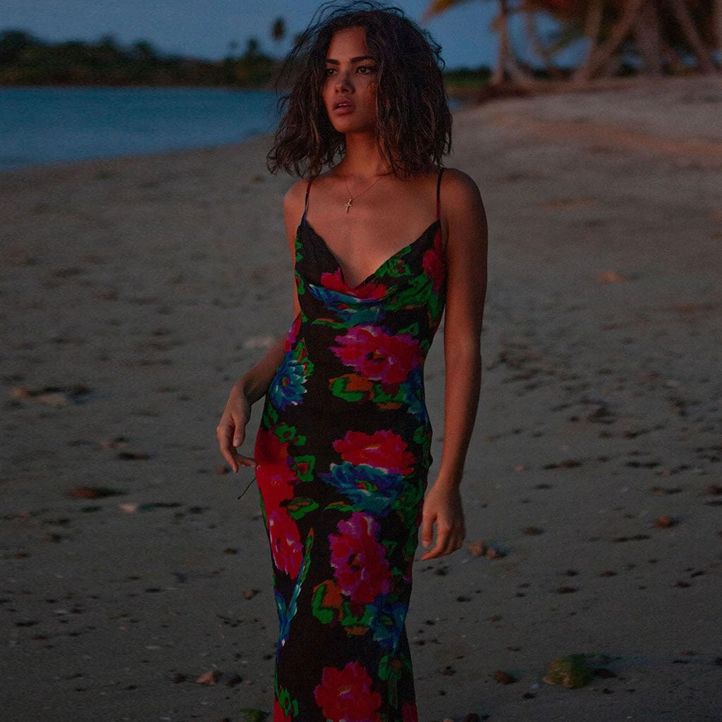 Vintage Style Floral Printed Cowl Neck Slip Maxi Dress - Black