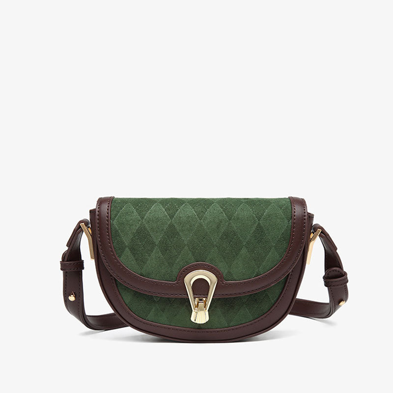 Vintage Suede Argyle Pattern Crossbody Saddle Bag - Green
