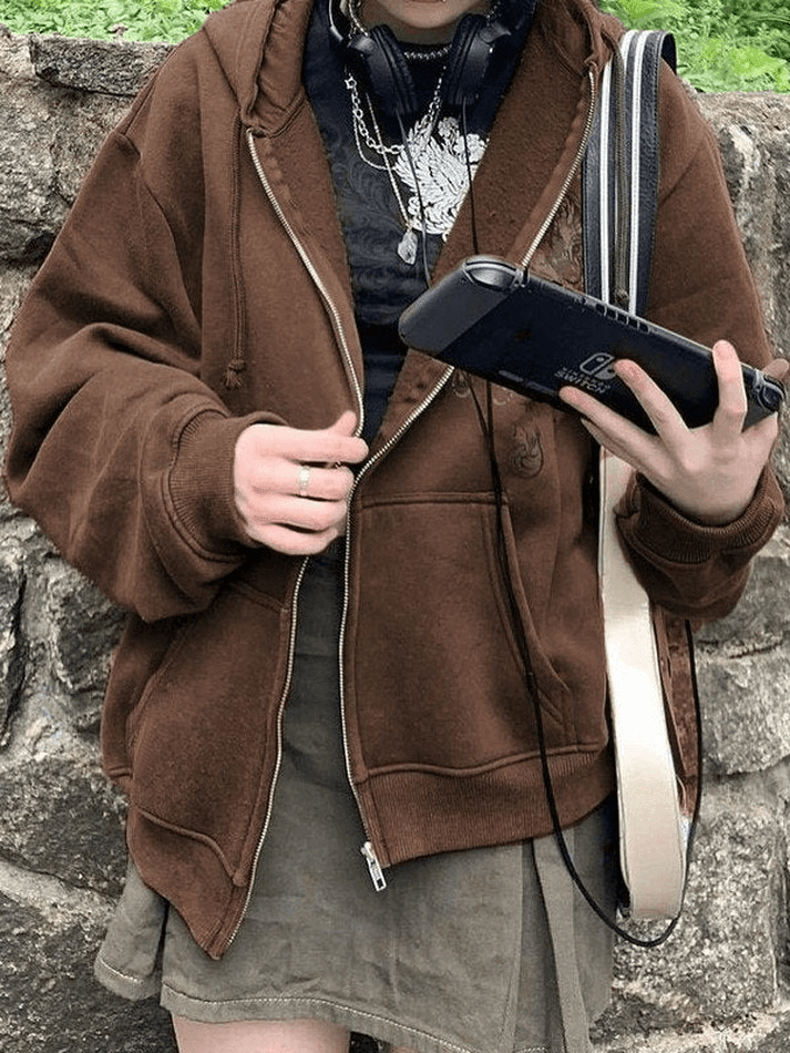 Vintage Totem Print Zip Up Hoodie