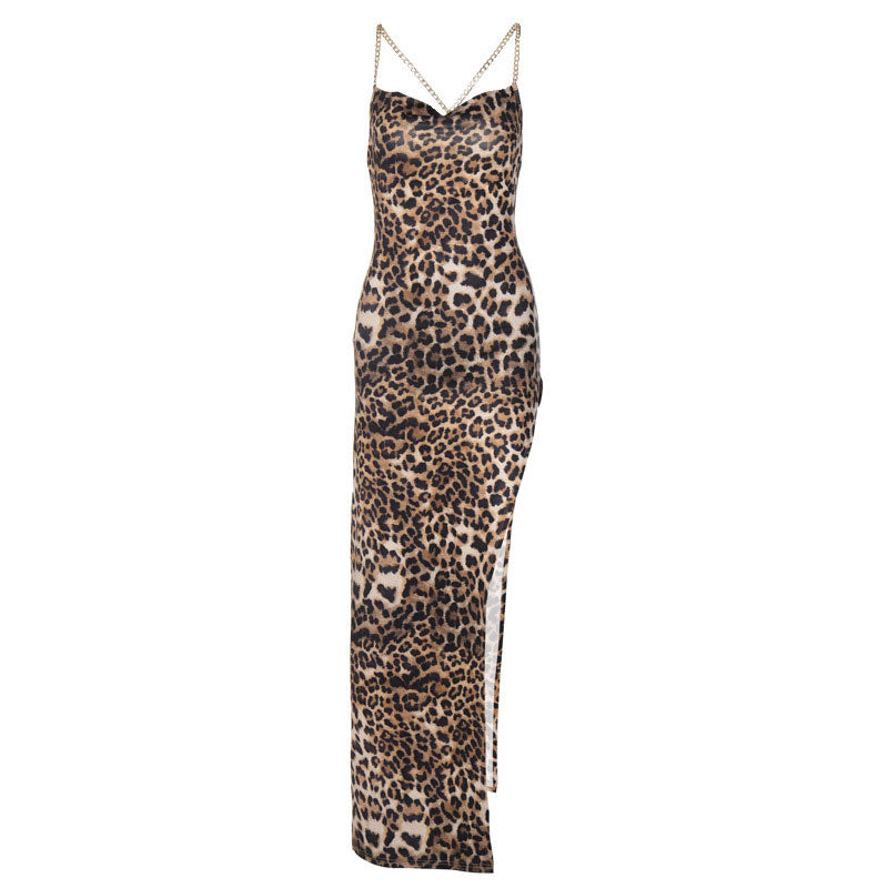 Wild Printed High Slit Cowl Neck Cross Chain Maxi Dress - Leopard
