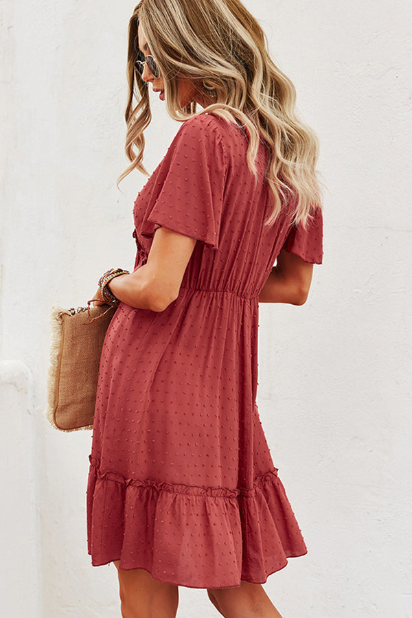 Solid Color V Neck High Waist Casual Dress