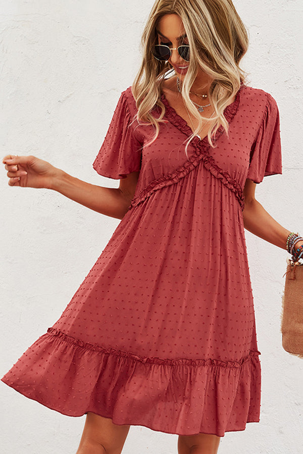 Solid Color V Neck High Waist Casual Dress