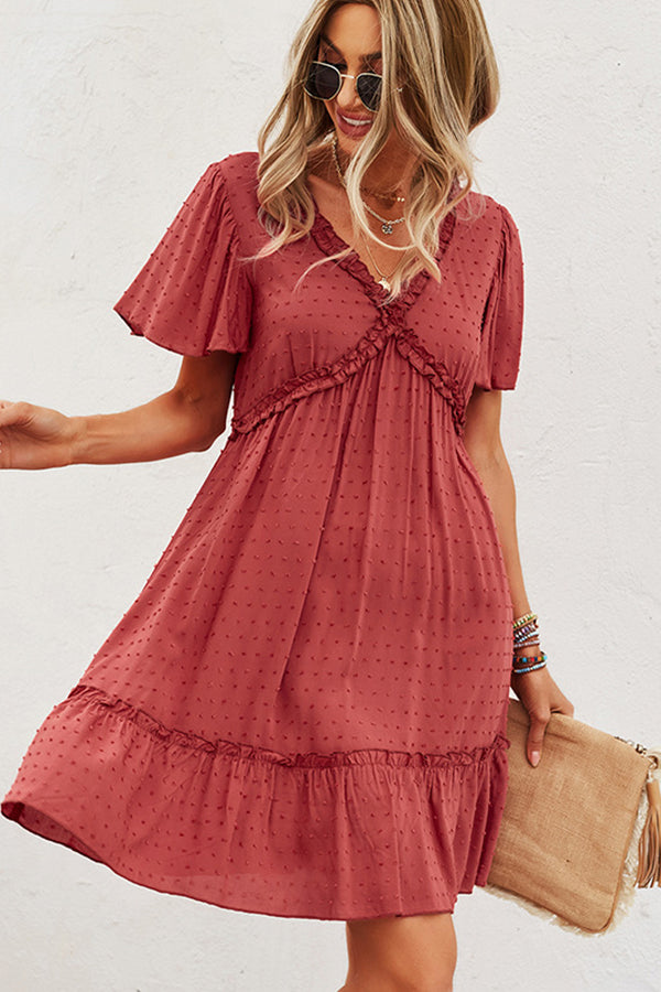 Solid Color V Neck High Waist Casual Dress
