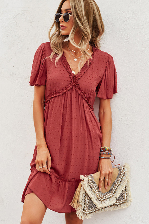 Solid Color V Neck High Waist Casual Dress