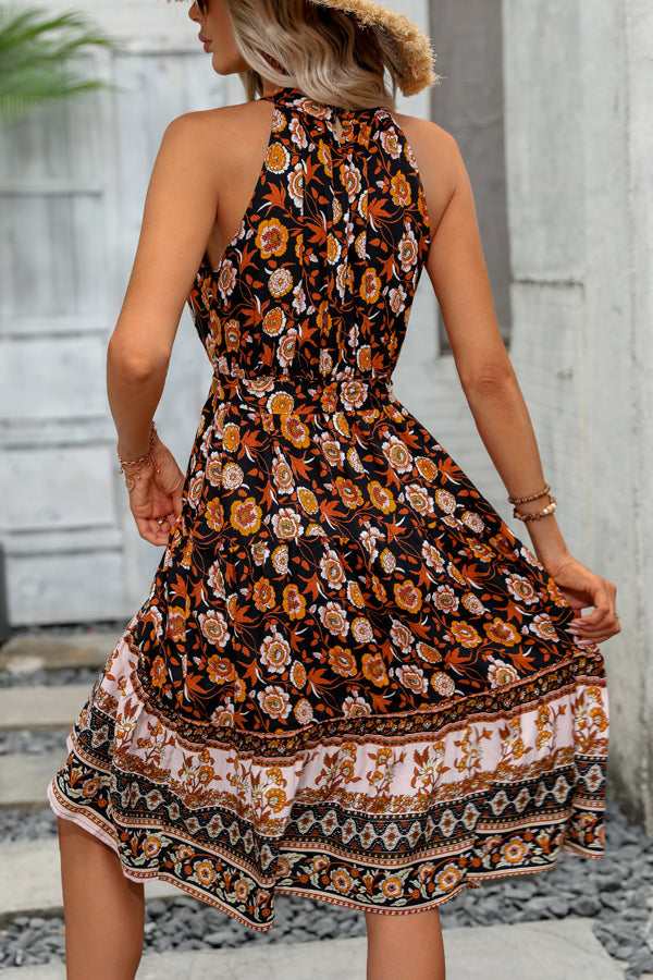 Halter Neck Tie Waist Floral Print Casual Dress
