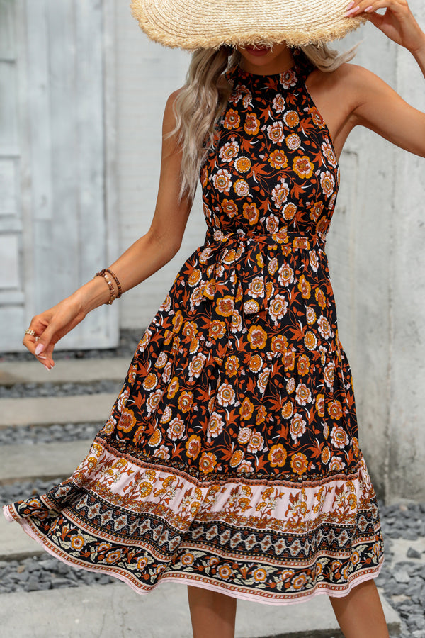 Halter Neck Tie Waist Floral Print Casual Dress