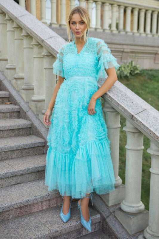 Ruffle Tiered Spotted Tulle Maxi Dress