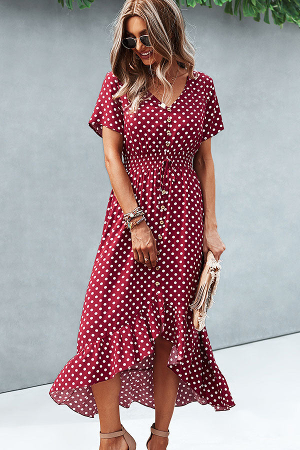 Fashion Dots Print High Waist V Neck Casual Dress
