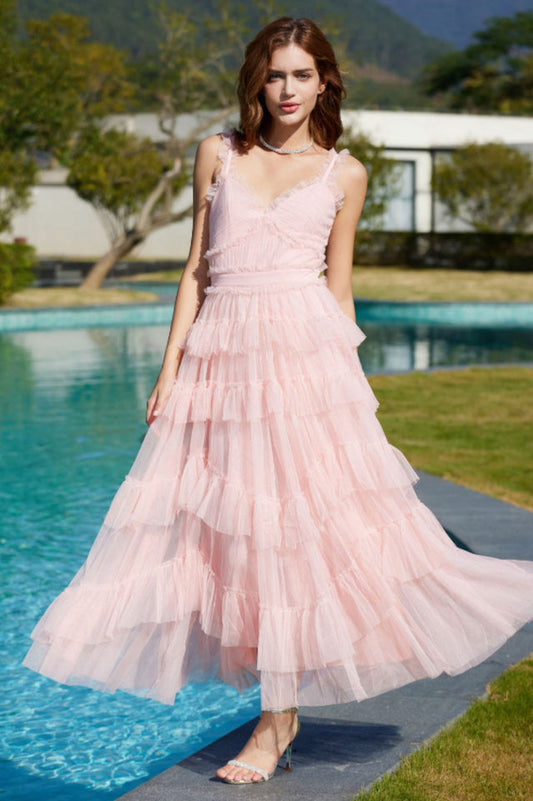 Ruffle V Neck Tiered Tulle Evening Dress