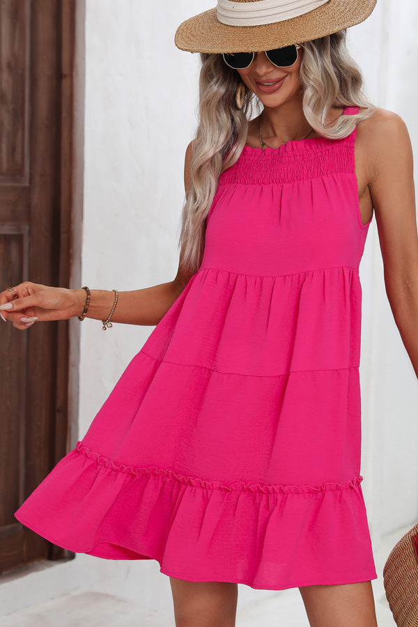 Smocked Neck Solid Color Ruffle Hem Dress
