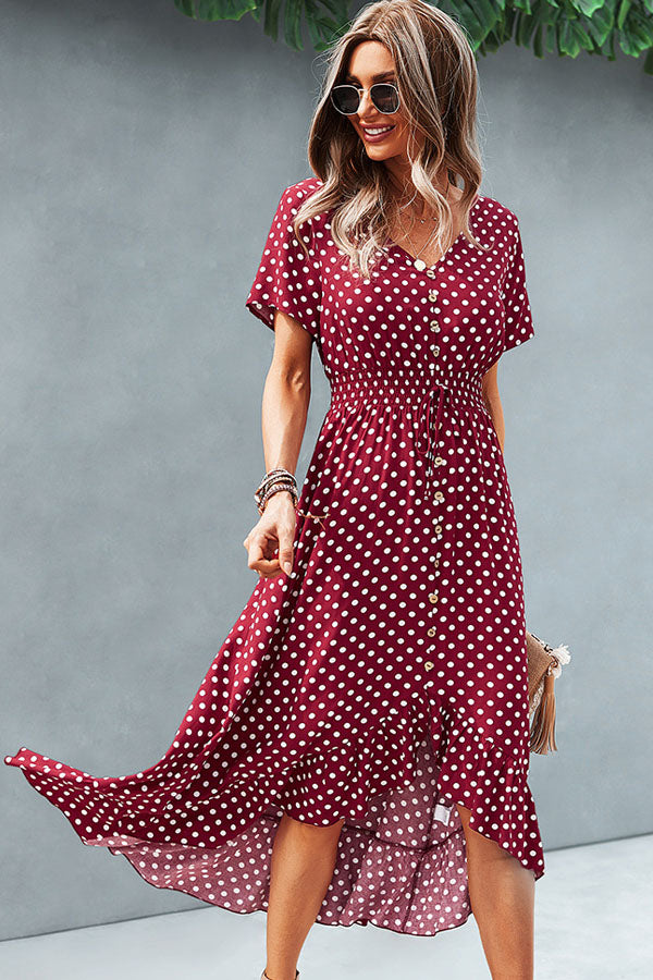Fashion Dots Print High Waist V Neck Casual Dress