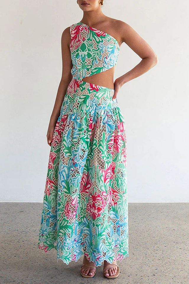 Botanical Print One Shoulder Frill Midi Dress