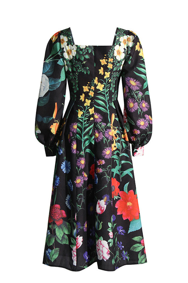 Printed Long Sleeve Cotton-Blend Midi Dress