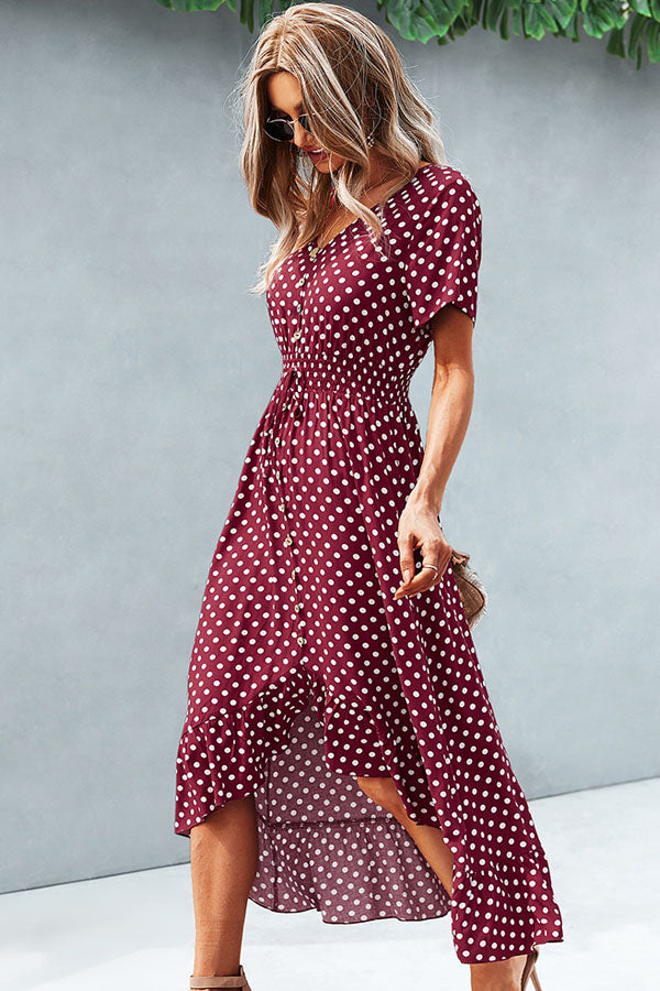 Fashion Dots Print High Waist V Neck Casual Dress