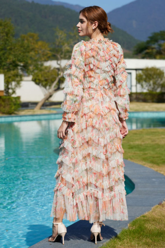 Printed Floral Tulle Ruffle Maxi Dress