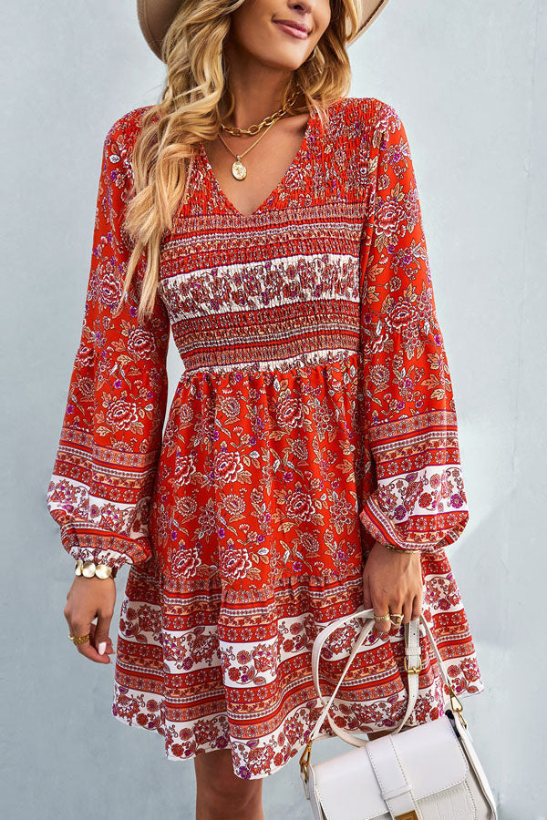 Bohemia Smocked Bust Long Sleeve Printed Dress