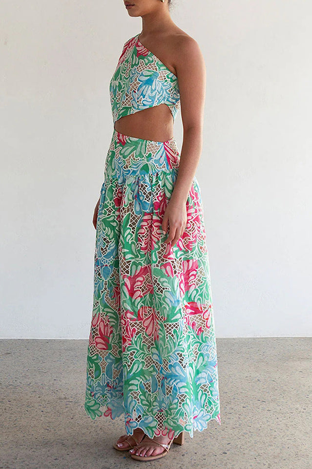 Botanical Print One Shoulder Frill Midi Dress