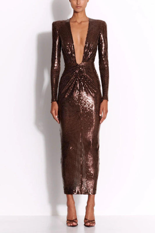 Gathered Sequined Midi Dress in Brown
