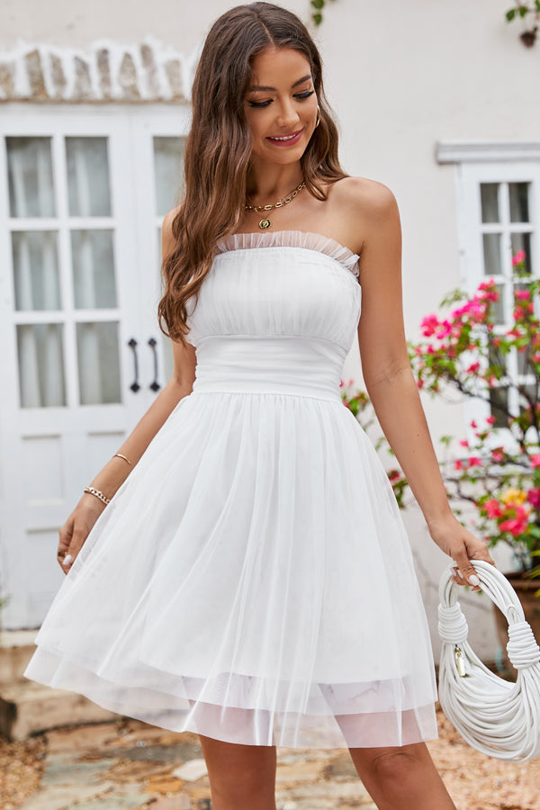Cute Princess Bandeau Solid White Mini Dress