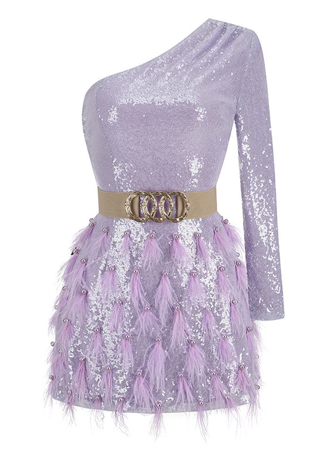 Daria One Shoulder Sequin Feather Dress