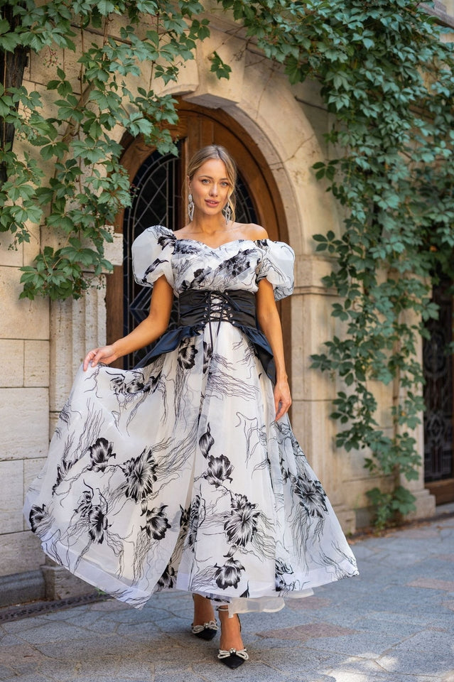Puff Sleeve Organza Belted Maxi Dress