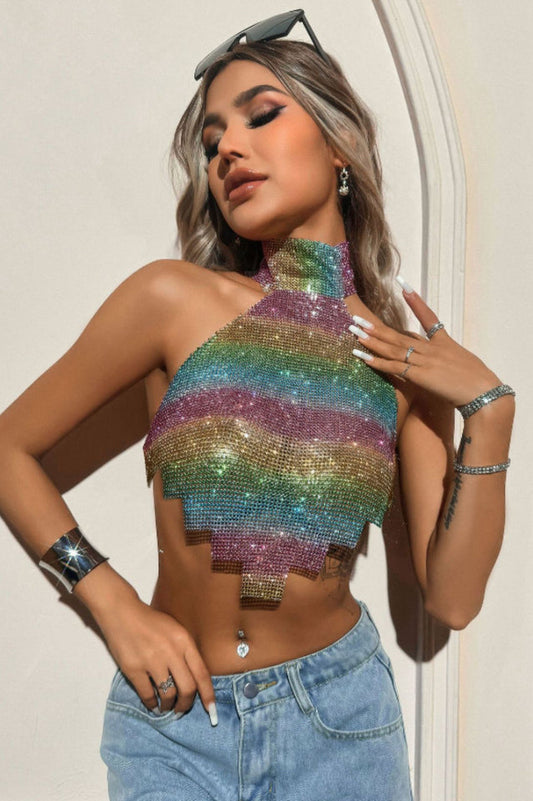 Halter Neck Glitter Rhinestone Backless Top