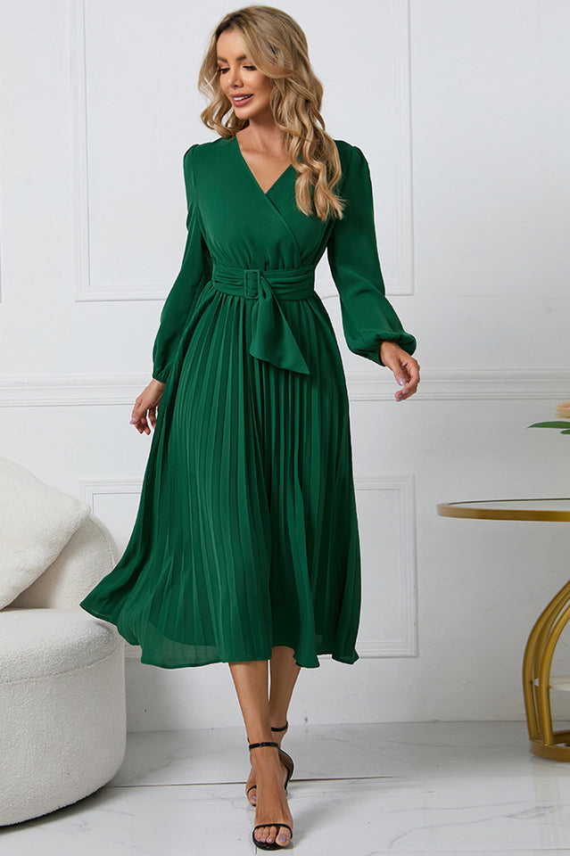 Pleated Belt V-Neck Dress