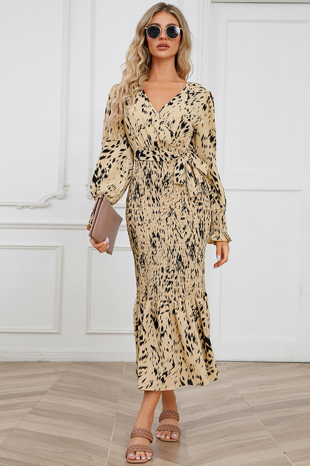 Printed V Neck Smocked Midi Dress