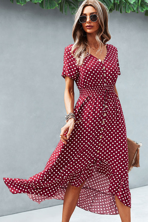 Fashion Dots Print High Waist V Neck Casual Dress