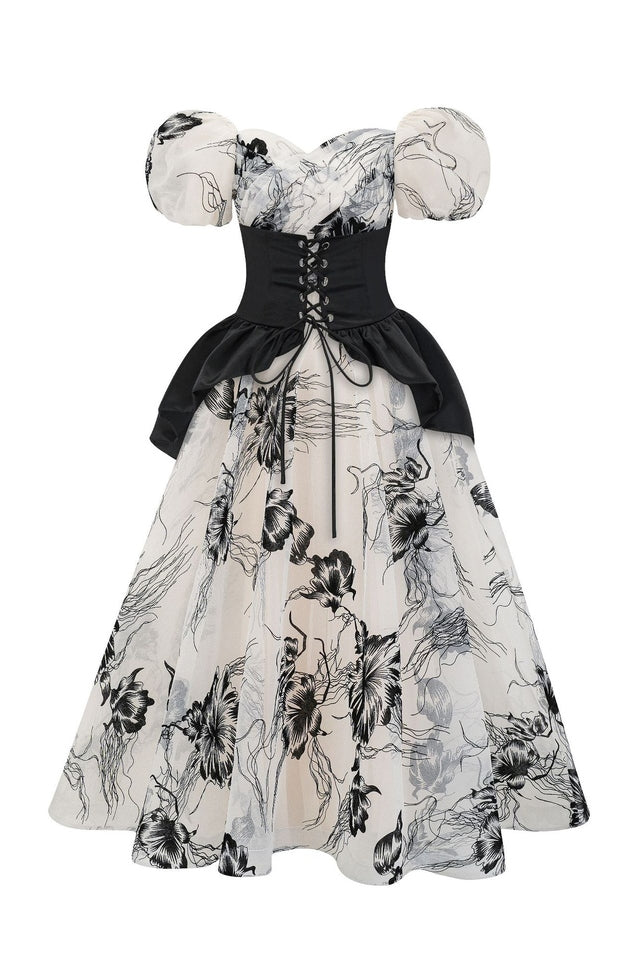 Puff Sleeve Organza Belted Maxi Dress