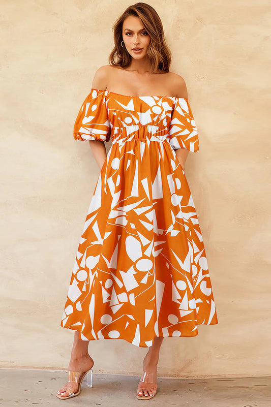 Printed Off Shoulder Balloon Sleeve Dress