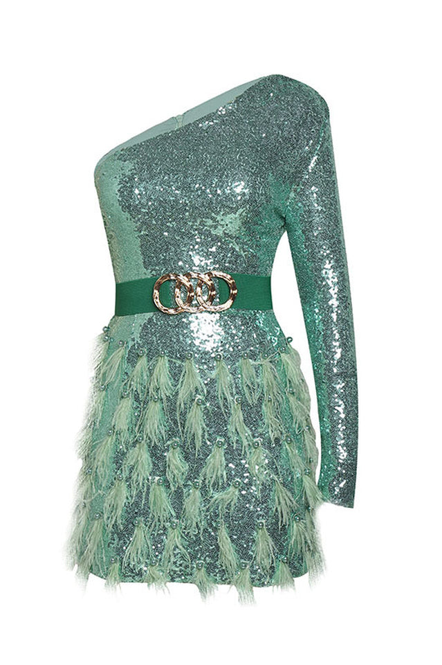 Daria One Shoulder Sequin Feather Dress